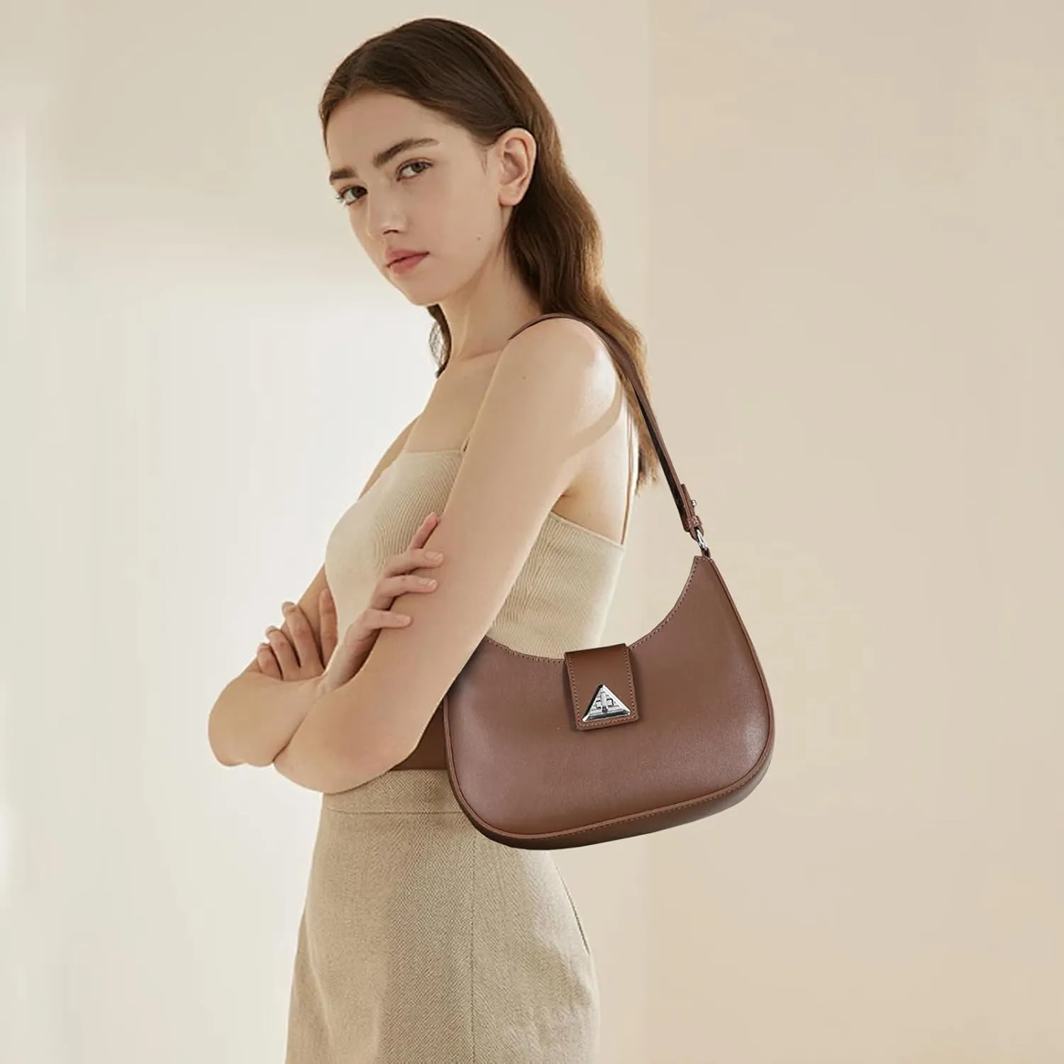 Small Shoulder Purse for Women - Mini Leather Shoulder Bag Little Tote Bag Trendy Hobo Bag with Zipper