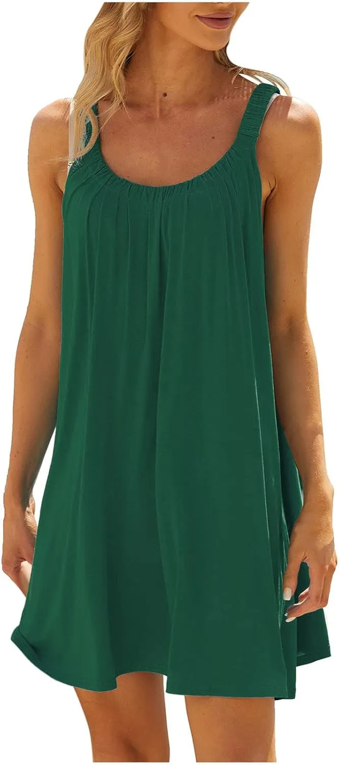 SMIDOW Summer Dresses for Women 2023 Casual Beach Sleeveless Pleated Flowy Sundress Sexy Beach Cover Up Plain Mini Tank Dress