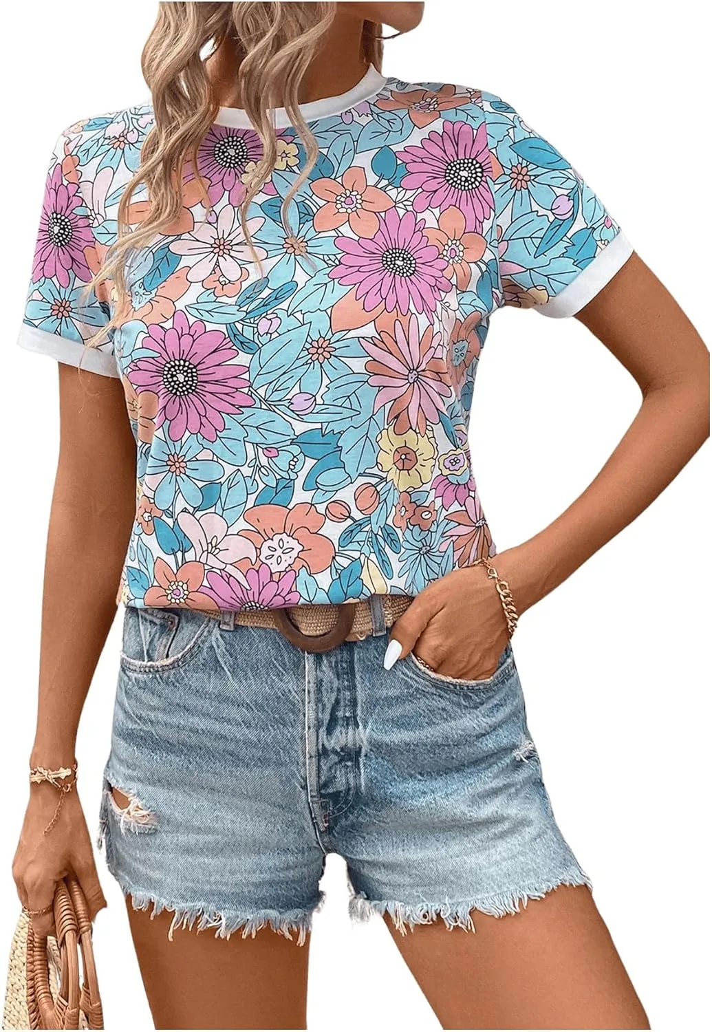 SOLY HUX Women's Boho Crewneck Short Sleeve Tee Shirts Summer Floral Printed Going Out Tshirt Tops