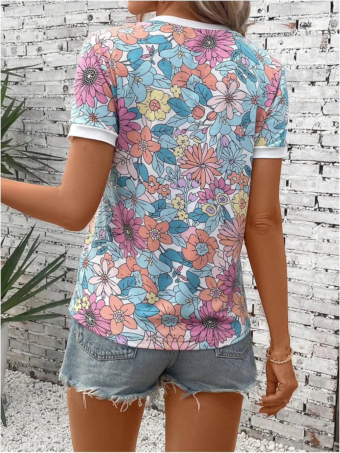 SOLY HUX Women's Boho Crewneck Short Sleeve Tee Shirts Summer Floral Printed Going Out Tshirt Tops