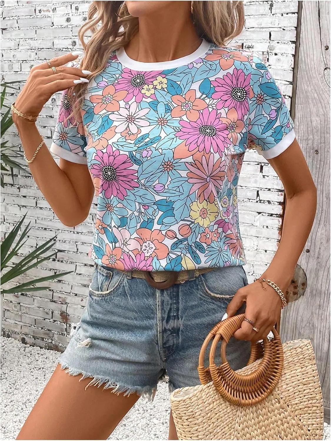 SOLY HUX Women's Boho Crewneck Short Sleeve Tee Shirts Summer Floral Printed Going Out Tshirt Tops