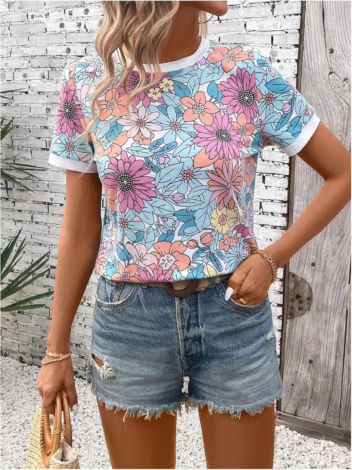 SOLY HUX Women's Boho Crewneck Short Sleeve Tee Shirts Summer Floral Printed Going Out Tshirt Tops