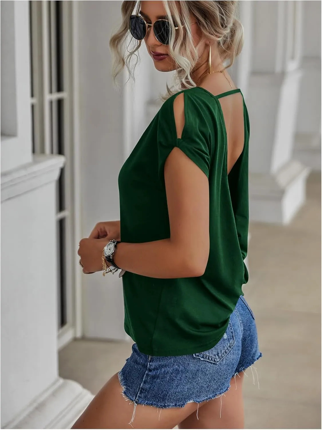 SOLY HUX Women's Open Back Short Sleeve Backless Tops Criss Cross Twist Tee Summer Sexy T Shirt