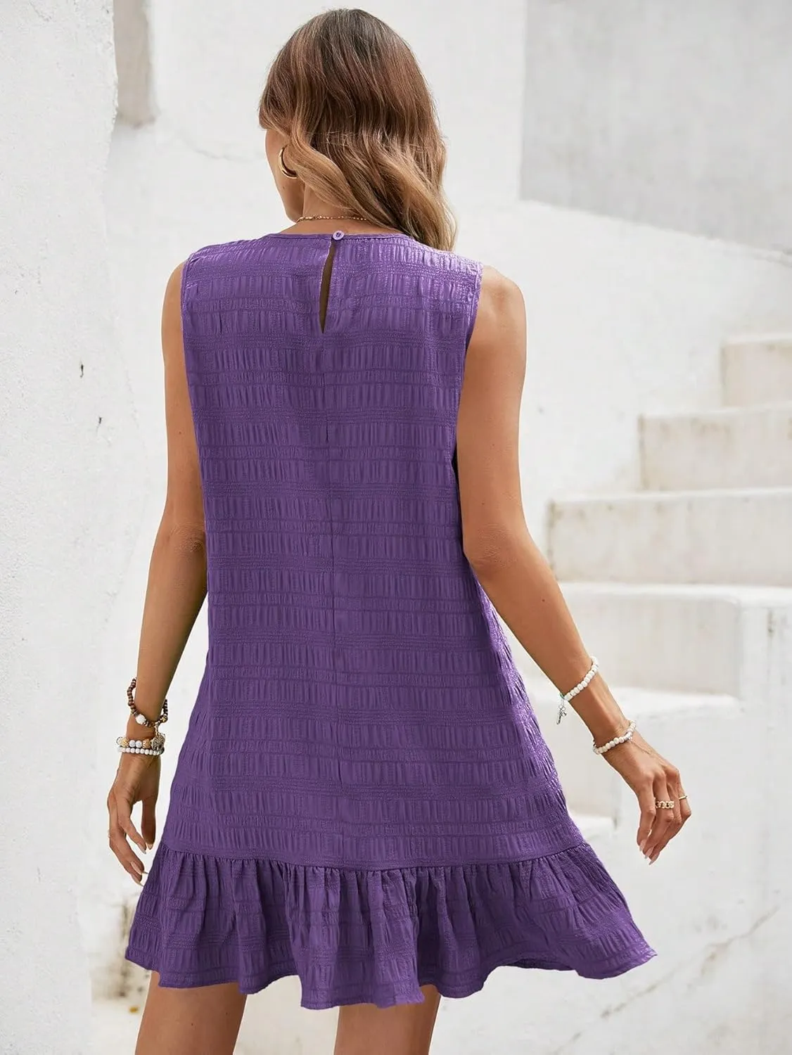 SOLY HUX Women's Ruffle Hem Sleeveless Tank Dress Round Neck Casual Smock Summer Mini Dresses