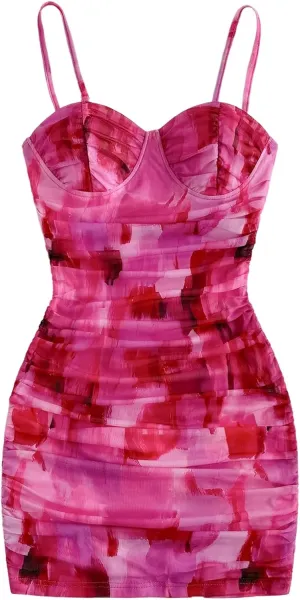 SOLY HUX Women's Summer Floral Corset Dress Spaghetti Strap Ruched Mesh Bodycon Vacation Mini Dresses