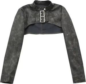 Spring Autumn Leather Jacket Women Ultra Short O-Neck Long Sleeve Zip-up Slim Biker Top Vintage Metal Button Streetwear