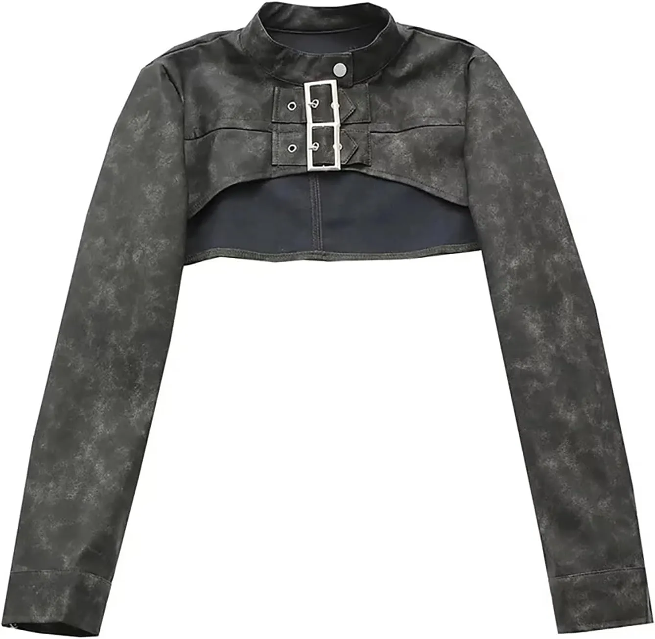 Spring Autumn Leather Jacket Women Ultra Short O-Neck Long Sleeve Zip-up Slim Biker Top Vintage Metal Button Streetwear