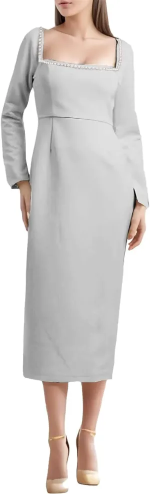 Square Neck Long Sleeve Wedding Dresses for Bride Beaded Satin Bridal Gown Tea Length Engagement Dress for Women