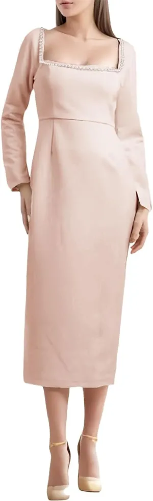 Square Neck Long Sleeve Wedding Dresses for Bride Beaded Satin Bridal Gown Tea Length Engagement Dress for Women