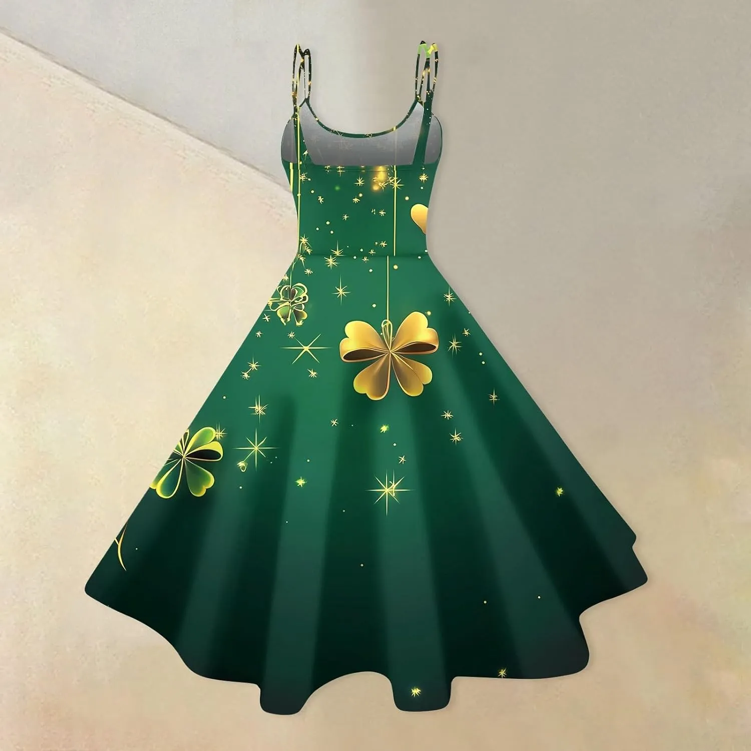 St Patricks Day Dresses for Women Casual Off Shoulder Vintage Sleeveless Midi A-Line Swing Shamrock Print Dresses