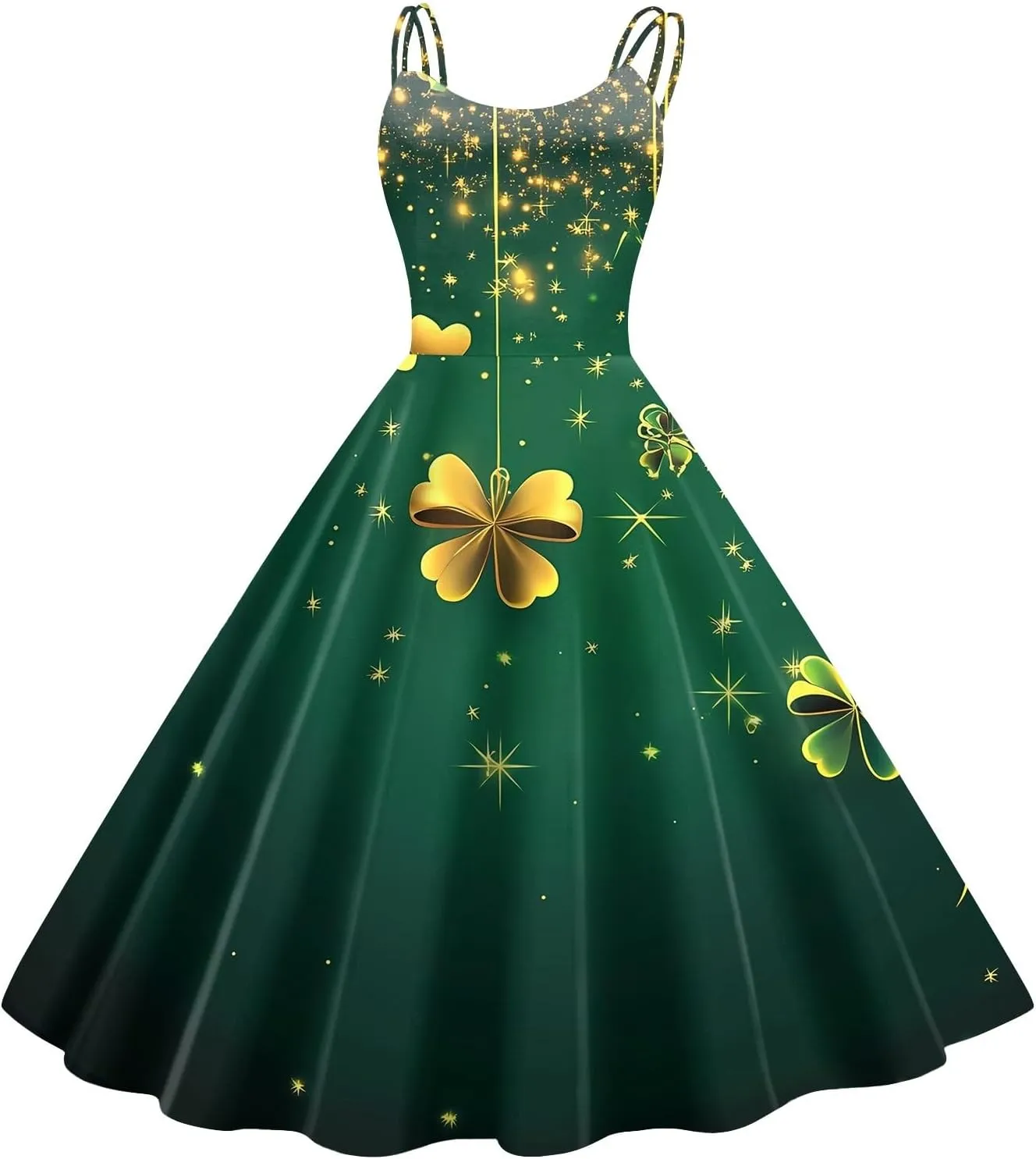 St Patricks Day Dresses for Women Casual Off Shoulder Vintage Sleeveless Midi A-Line Swing Shamrock Print Dresses