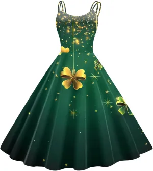 St Patricks Day Dresses for Women Casual Off Shoulder Vintage Sleeveless Midi A-Line Swing Shamrock Print Dresses