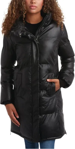 Steve Madden Women's Long Puffer Jacket - Quilted Faux Leather Weather-Resistant Insulated Winter Coat for Women (Sizes:S-XL)