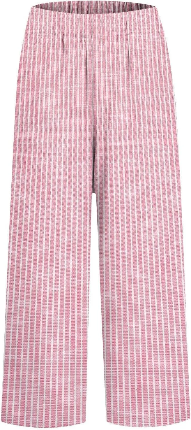 Striped Linen Pants for Women Plus Size Elastic Waist Straight Leg Cropped Trousers Summer Casual Beach Vacation Clothes