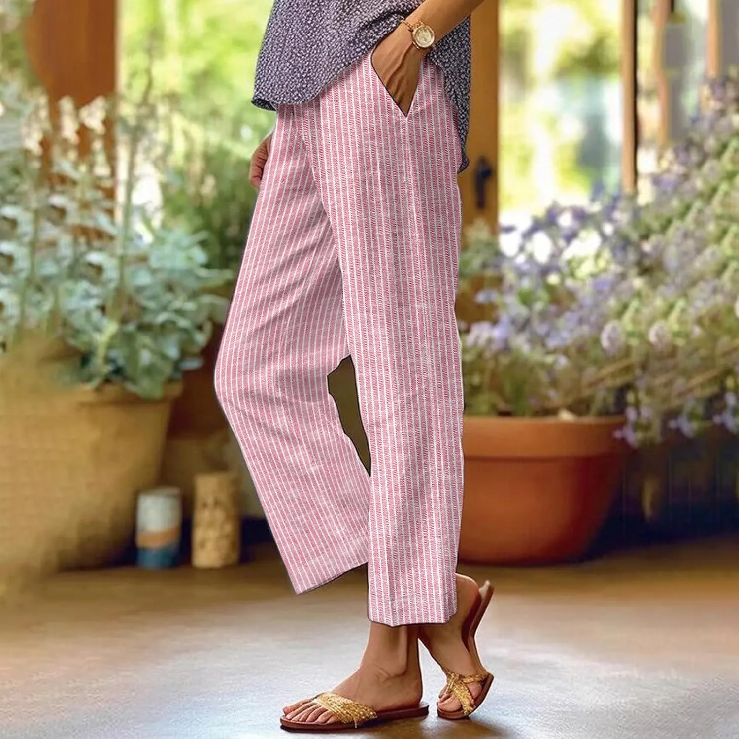 Striped Linen Pants for Women Plus Size Elastic Waist Straight Leg Cropped Trousers Summer Casual Beach Vacation Clothes