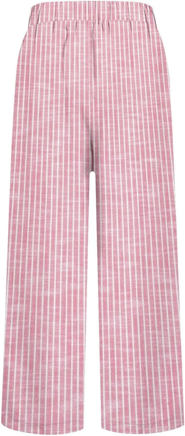 Striped Linen Pants for Women Plus Size Elastic Waist Straight Leg Cropped Trousers Summer Casual Beach Vacation Clothes