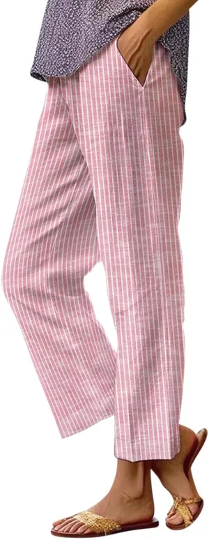 Striped Linen Pants for Women Plus Size Elastic Waist Straight Leg Cropped Trousers Summer Casual Beach Vacation Clothes