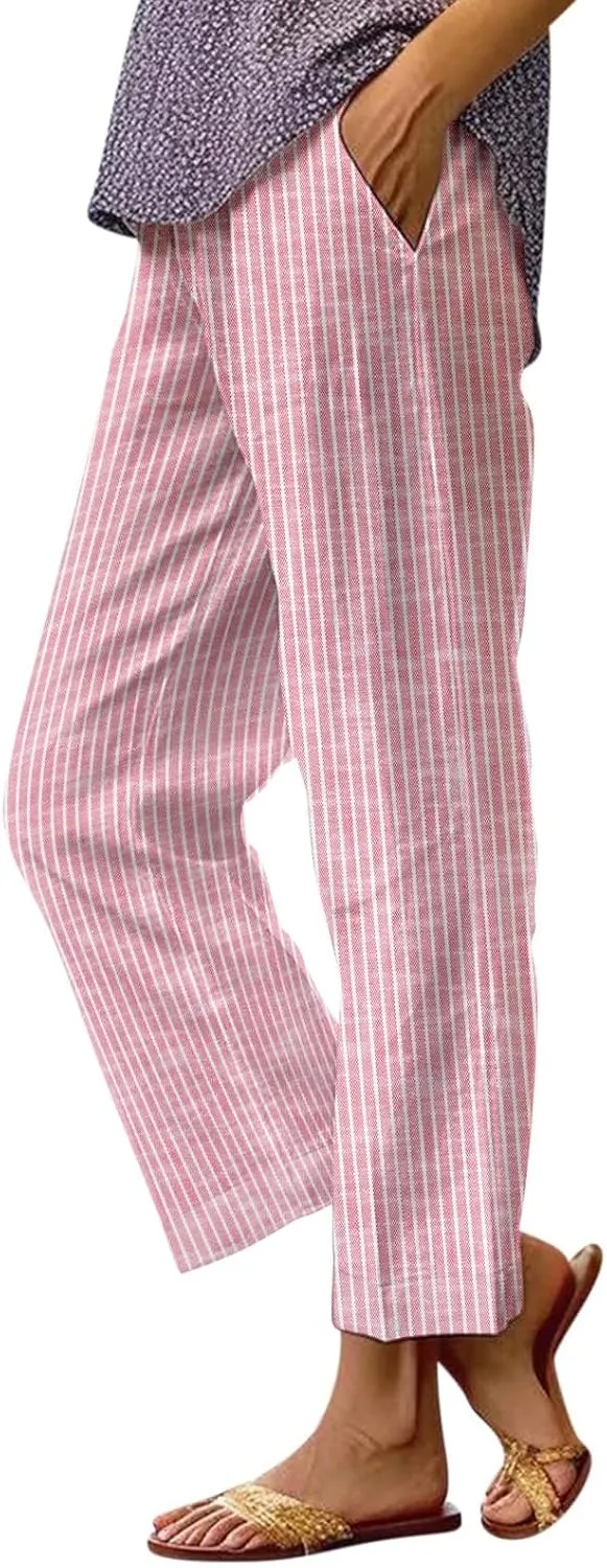 Striped Linen Pants for Women Plus Size Elastic Waist Straight Leg Cropped Trousers Summer Casual Beach Vacation Clothes