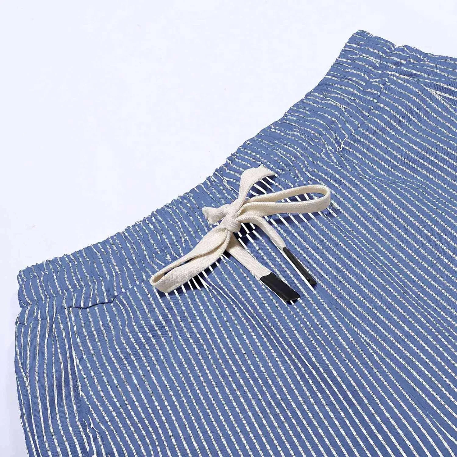 Striped Linen Pants Women Casual Capri Pants Loose Spring Summer Lightweight Drawstring Side Button Pants with Pockets
