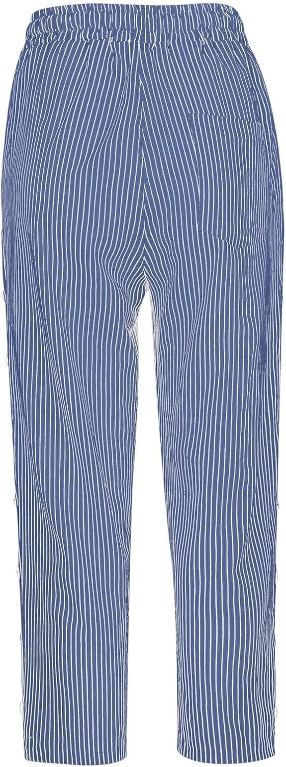 Striped Linen Pants Women Casual Capri Pants Loose Spring Summer Lightweight Drawstring Side Button Pants with Pockets
