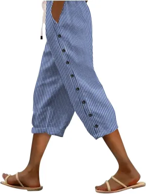 Striped Linen Pants Women Casual Capri Pants Loose Spring Summer Lightweight Drawstring Side Button Pants with Pockets