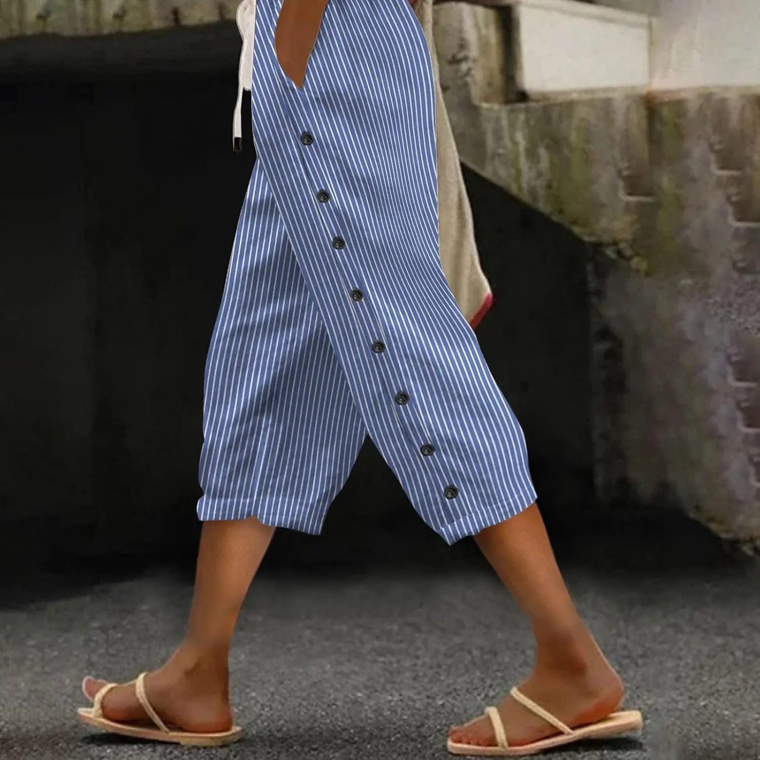 Striped Linen Pants Women Casual Capri Pants Loose Spring Summer Lightweight Drawstring Side Button Pants with Pockets