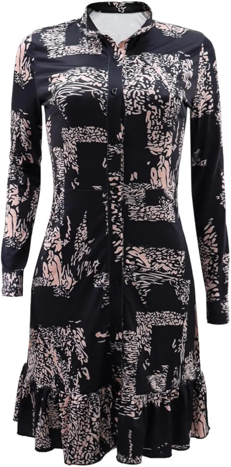 Summer Dress for Women Long Sleeve Button Down Printed Ruffle Mini A-Line Flowy Dresses