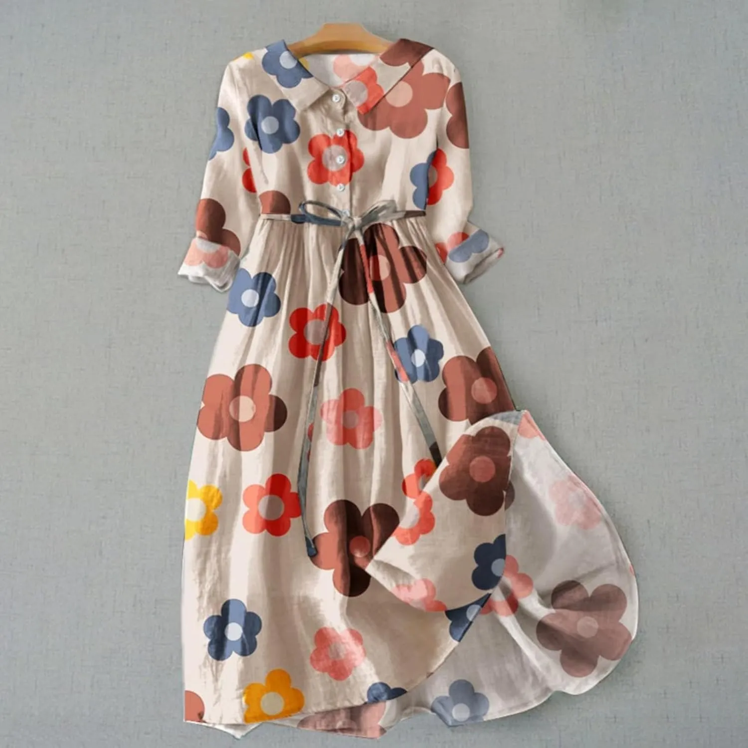 Summer Dresses for Women 2024 Boho Floral Lapel Neck Button Casual A-Line Lace-Up Dress Easter Dress Maternity