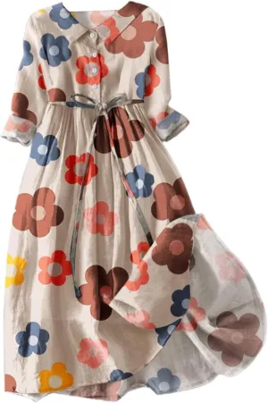 Summer Dresses for Women 2024 Boho Floral Lapel Neck Button Casual A-Line Lace-Up Dress Easter Dress Maternity