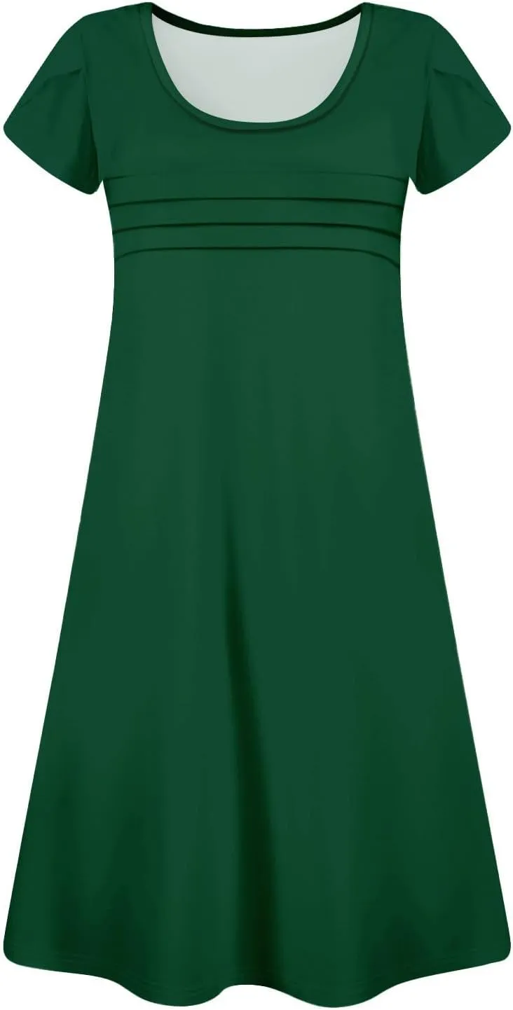 Summer Dresses for Women 2025 Casual T Shirt Dresses Crew Neck Floral Short Sleeve Dress Pleated Front Beach Dress