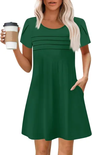 Summer Dresses for Women 2025 Casual T Shirt Dresses Crew Neck Floral Short Sleeve Dress Pleated Front Beach Dress