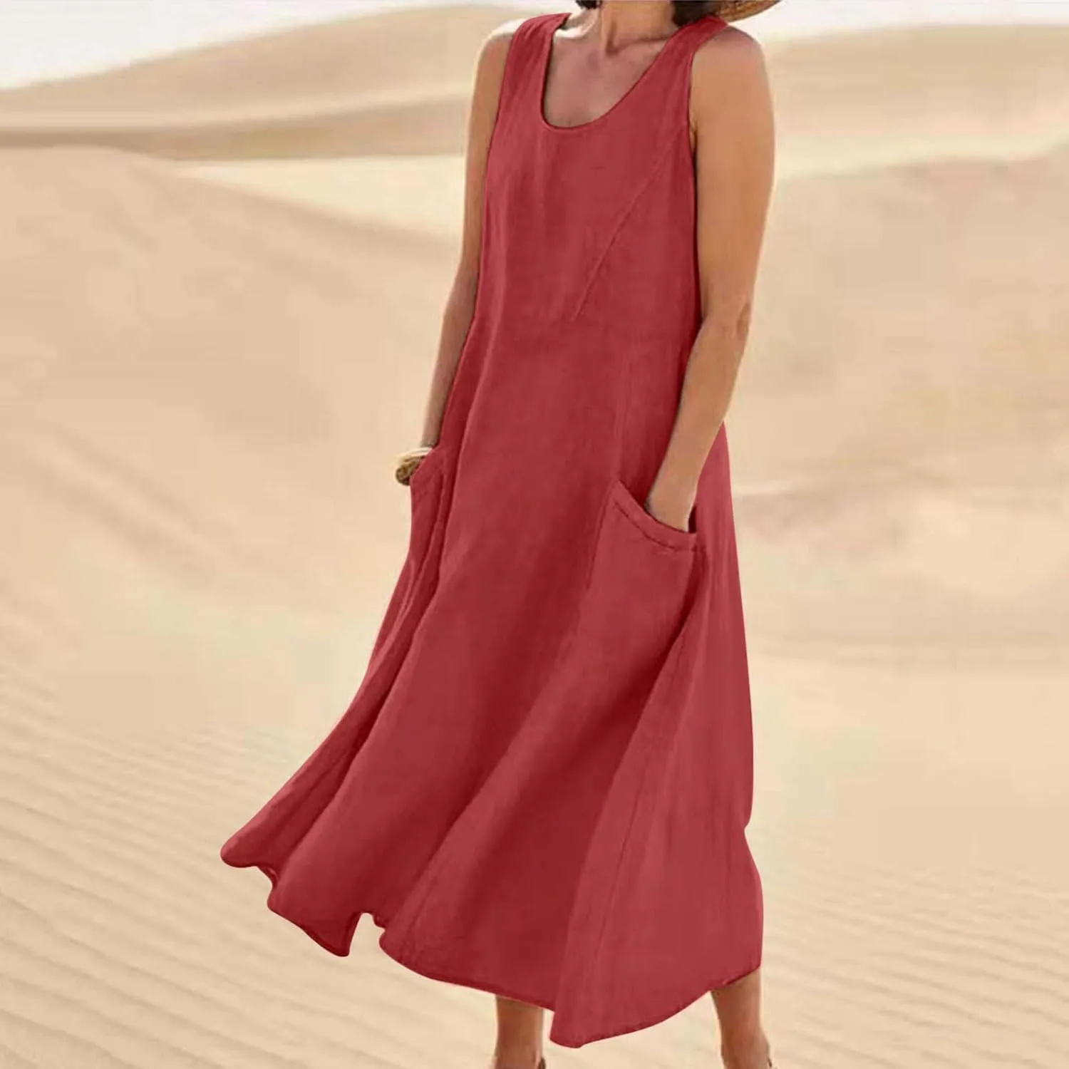 Summer Dresses for Women 2025 Cotton Linen Sleeveless Maxi Dress Casual Beach Plus Size Sundresses with Pockets