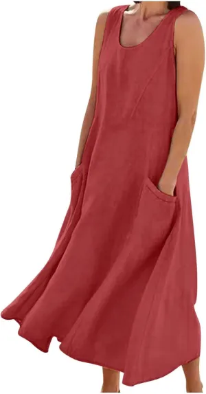 Summer Dresses for Women 2025 Cotton Linen Sleeveless Maxi Dress Casual Beach Plus Size Sundresses with Pockets