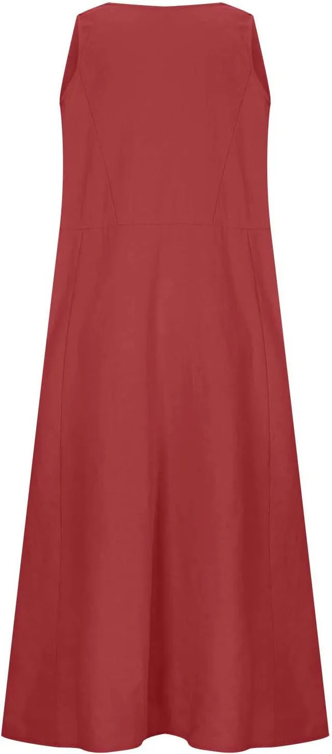 Summer Dresses for Women 2025 Cotton Linen Sleeveless Maxi Dress Casual Beach Plus Size Sundresses with Pockets