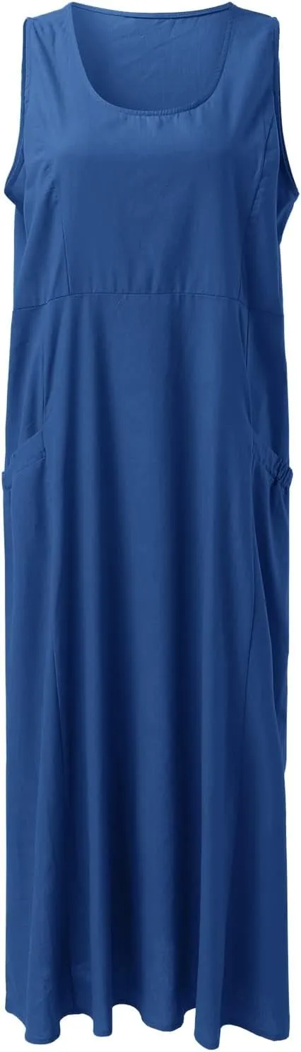 Summer Dresses for Women 2025 Cotton Linen Sleeveless Maxi Tank Dress Casual Beach Plus Size Sundresses with Pockets