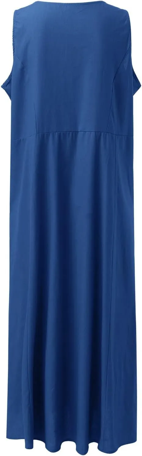 Summer Dresses for Women 2025 Cotton Linen Sleeveless Maxi Tank Dress Casual Beach Plus Size Sundresses with Pockets