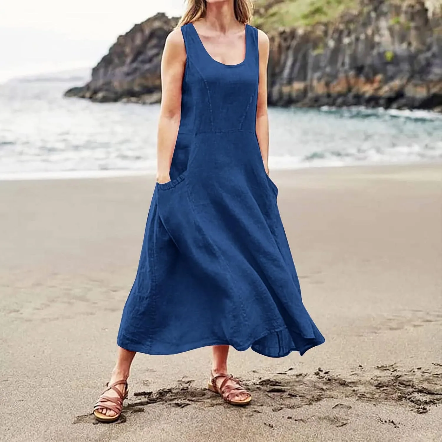 Summer Dresses for Women 2025 Cotton Linen Sleeveless Maxi Tank Dress Casual Beach Plus Size Sundresses with Pockets