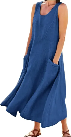 Summer Dresses for Women 2025 Cotton Linen Sleeveless Maxi Tank Dress Casual Beach Plus Size Sundresses with Pockets