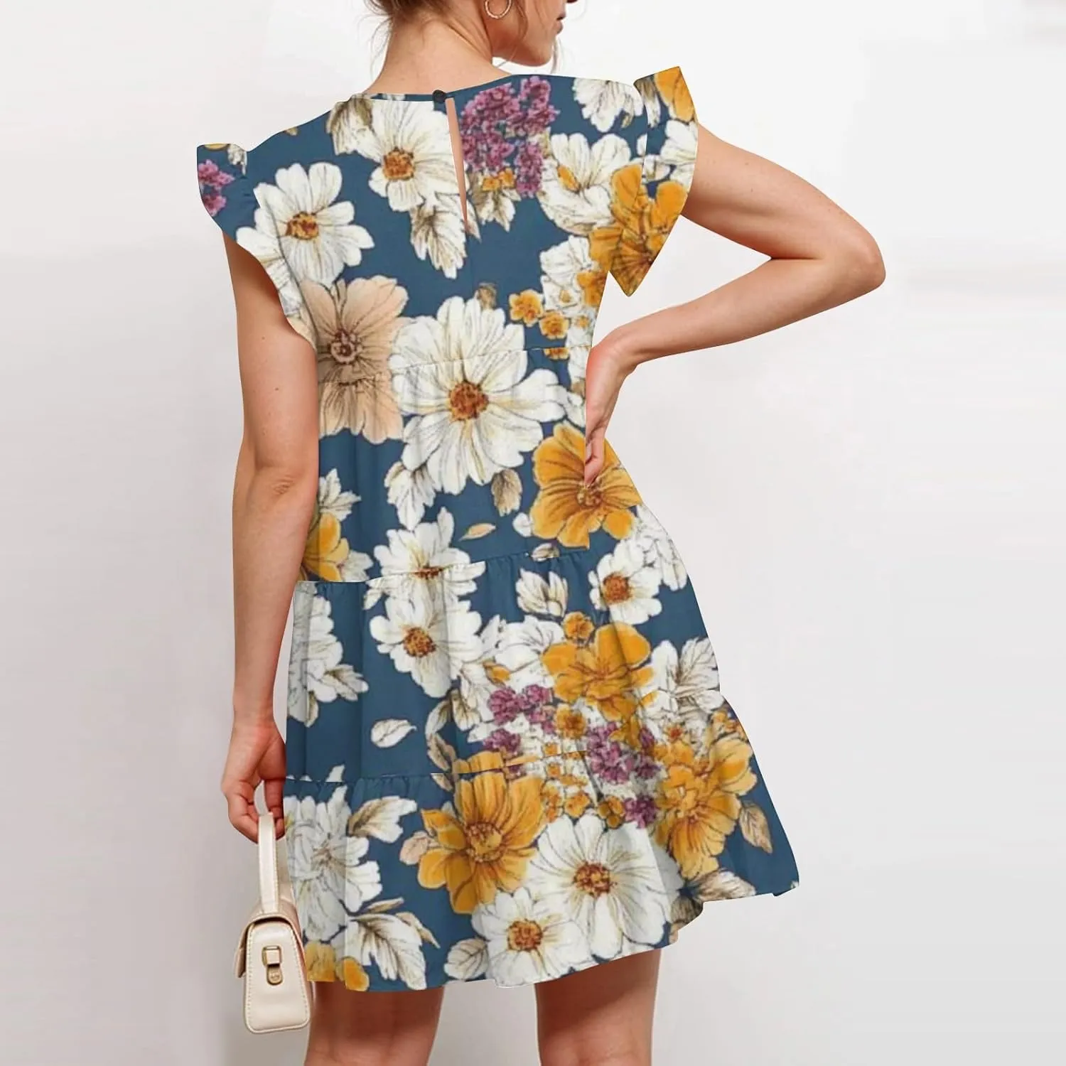 Summer Dresses for Women 2025 Floral Round Neck Shorts Sleeve Flowy Ruffle Mini Dress Beach Vacation Clothes