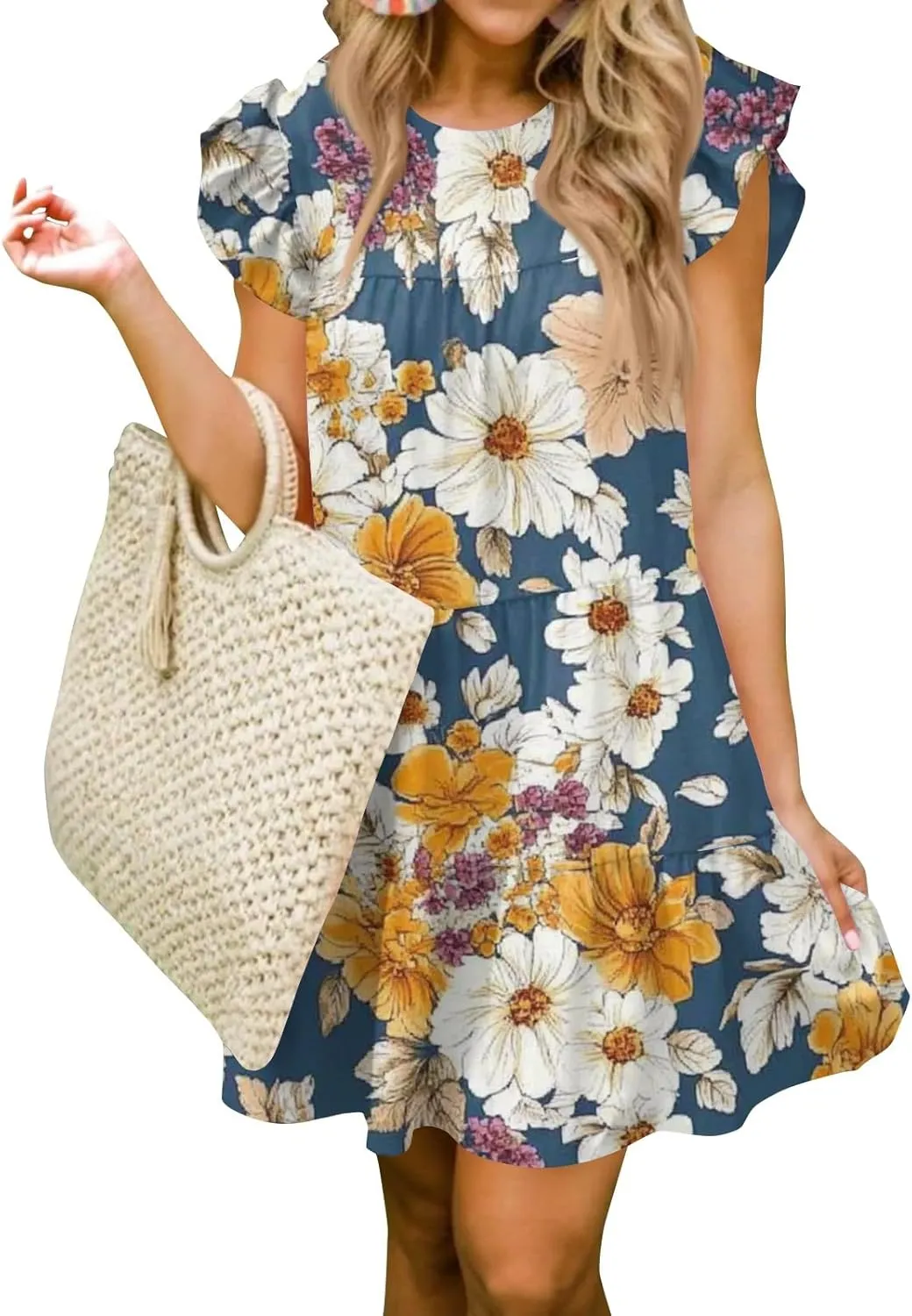 Summer Dresses for Women 2025 Floral Round Neck Shorts Sleeve Flowy Ruffle Mini Dress Beach Vacation Clothes