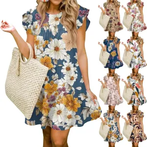 Summer Dresses for Women 2025 Floral Round Neck Shorts Sleeve Flowy Ruffle Mini Dress Beach Vacation Clothes