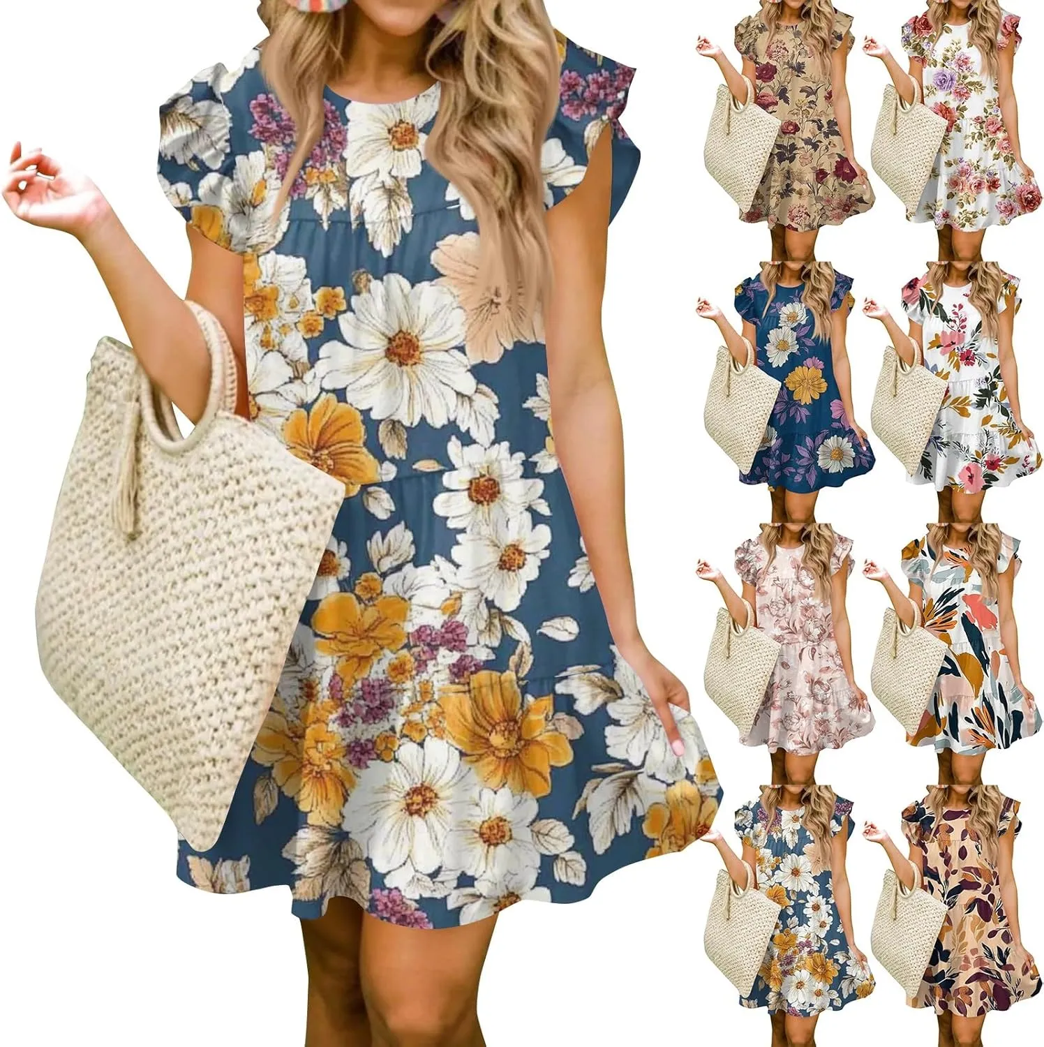 Summer Dresses for Women 2025 Floral Round Neck Shorts Sleeve Flowy Ruffle Mini Dress Beach Vacation Clothes