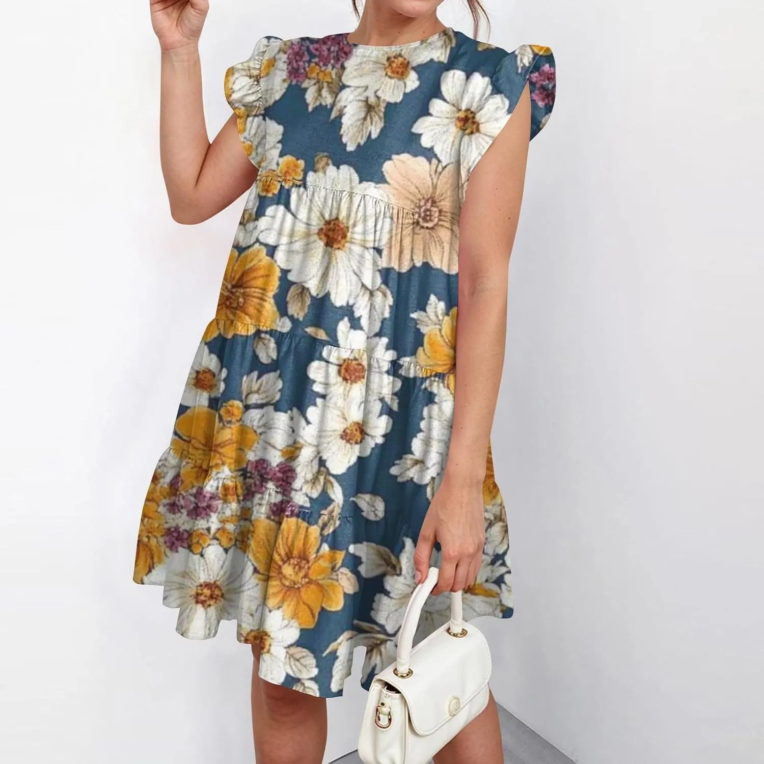 Summer Dresses for Women 2025 Floral Round Neck Shorts Sleeve Flowy Ruffle Mini Dress Beach Vacation Clothes
