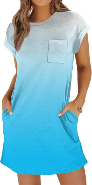 Summer Dresses for Women 2025s Casual Cap Sleeve Crewneck Loose Mini Dresses Casual Gradient Beach T Shirt Dres