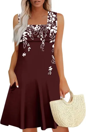 Summer Dresses for Women Loose Sleeveless T Shirt Dresses Square Neck Casual Pleated Front Tank Dress Floral Sundresses