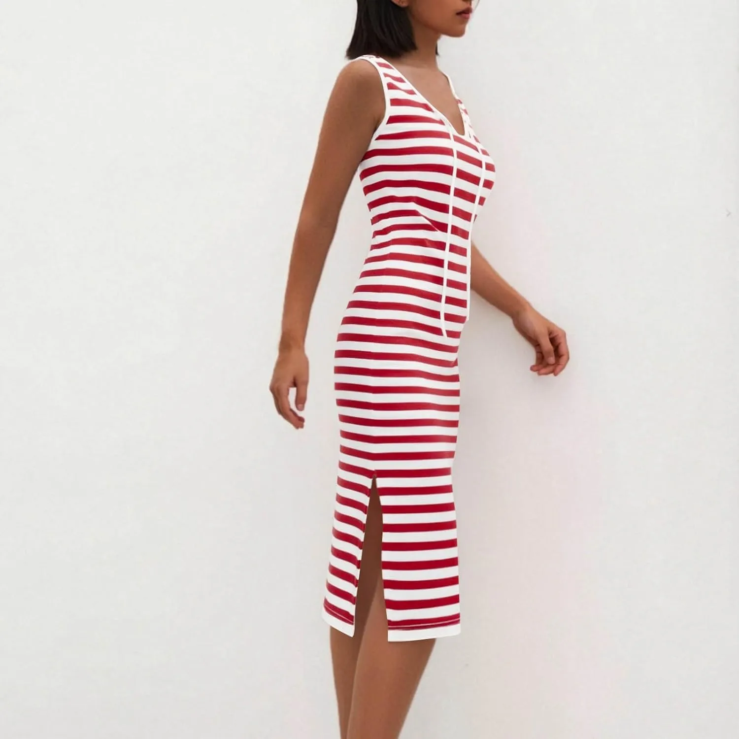 Summer Dresses for Women Striped Sleeveless Casual Sundresses Loose Fit Beach Cover Ups Trendy Tank Midi Sun Dress