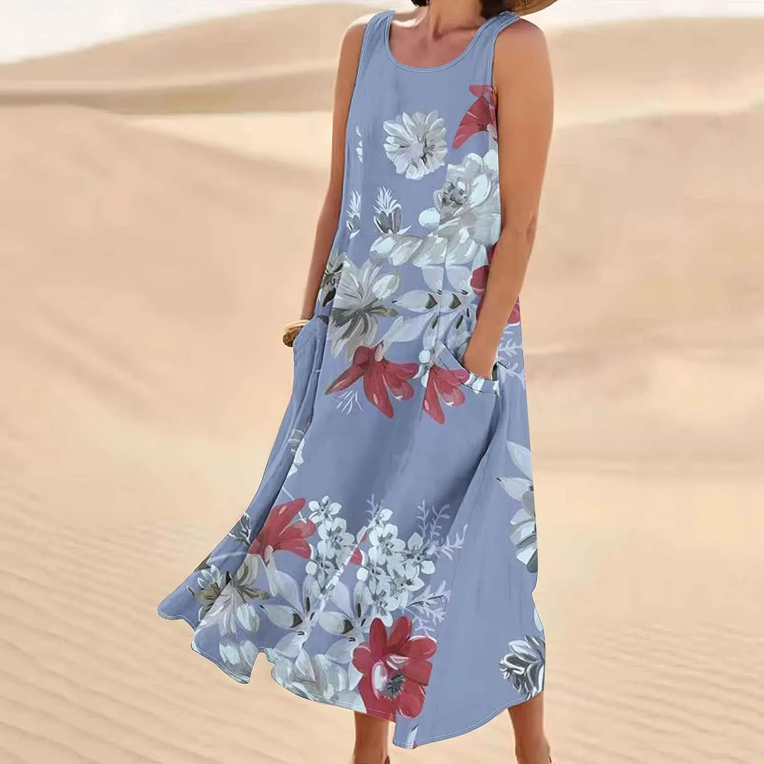 Summer Dresses for Womens Cotton Linen Sleeveless Maxi Dresses Casual Sun Dress Comfy Summer Beach Outfits with Pocket
