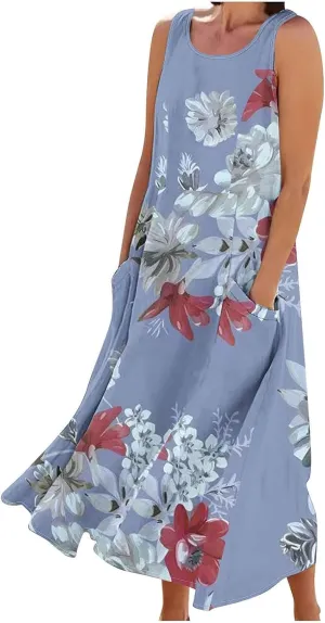 Summer Dresses for Womens Cotton Linen Sleeveless Maxi Dresses Casual Sun Dress Comfy Summer Beach Outfits with Pocket