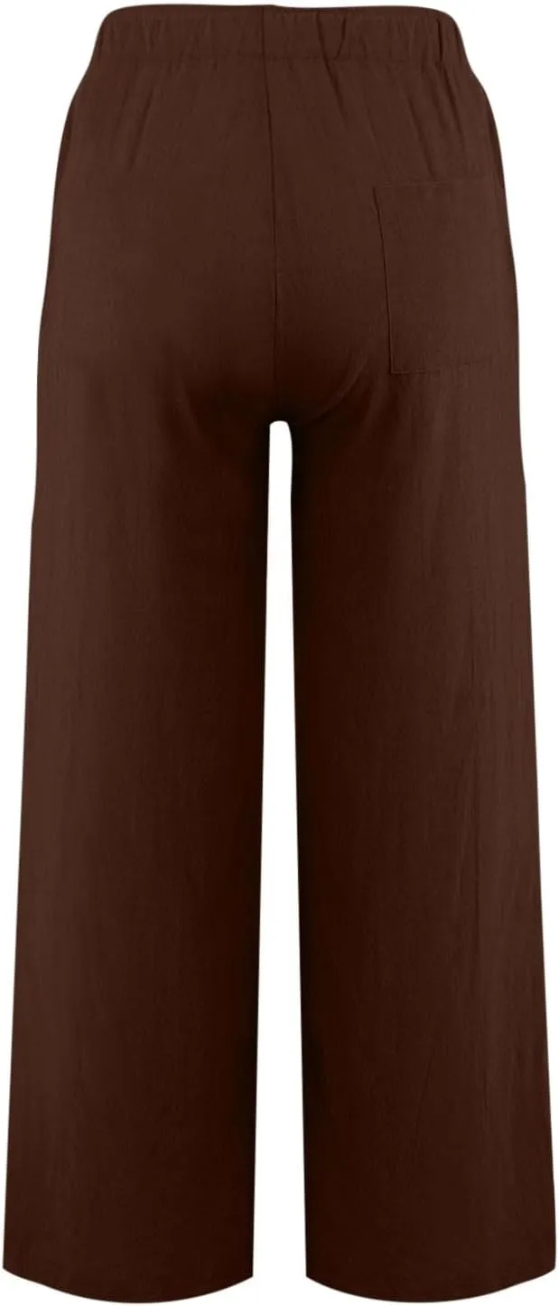 Summer Linen Wide Leg Pants for Women Casual High Waisted Palazzo Pants Loose Lightweight Beach Pants with Pockets