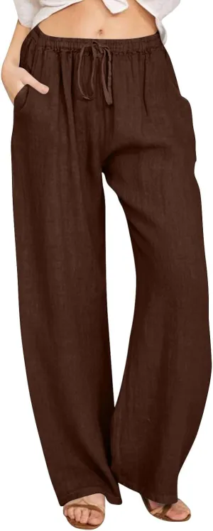 Summer Linen Wide Leg Pants for Women Casual High Waisted Palazzo Pants Loose Lightweight Beach Pants with Pockets